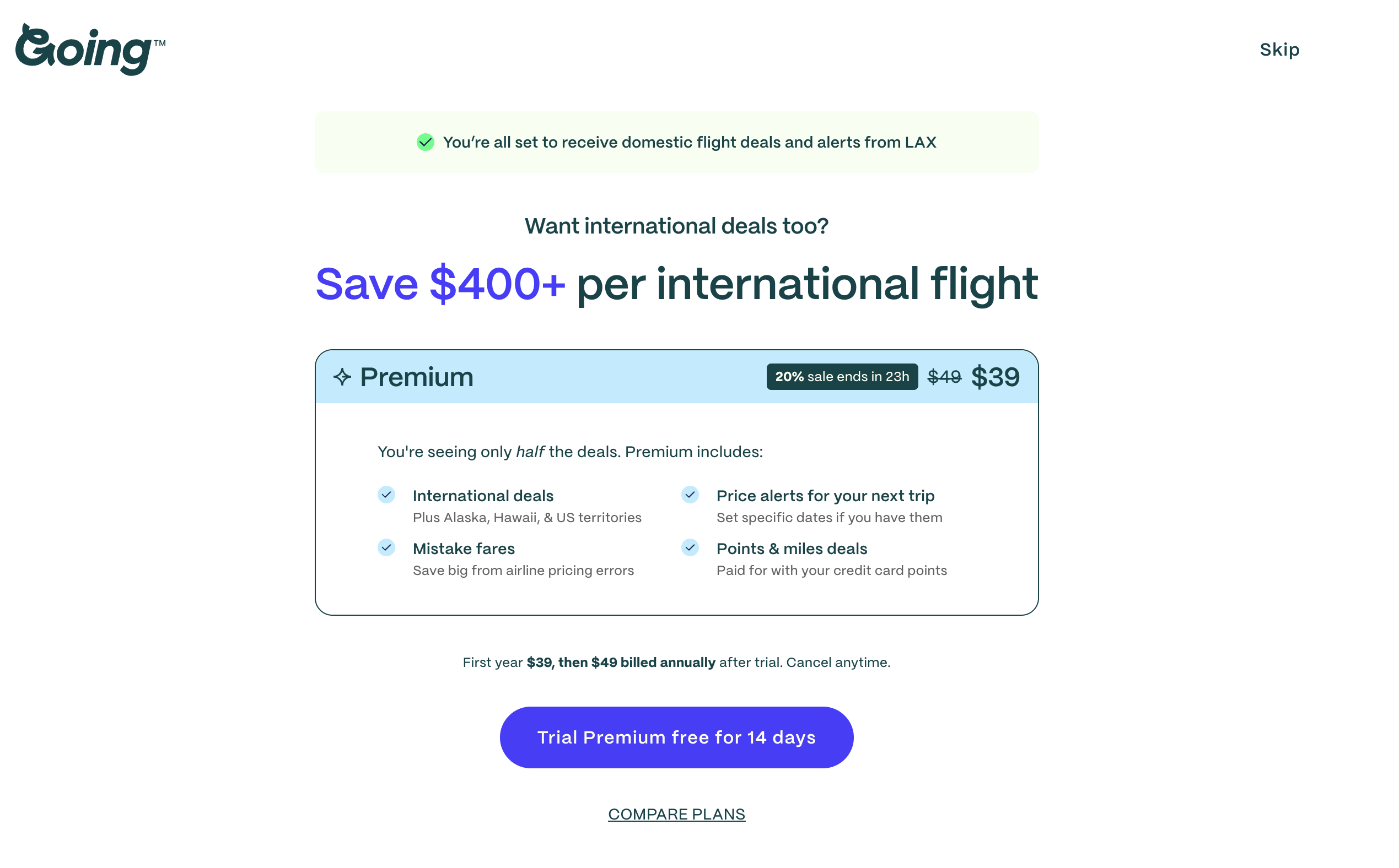 Web upgrade page — clear $39 pricing